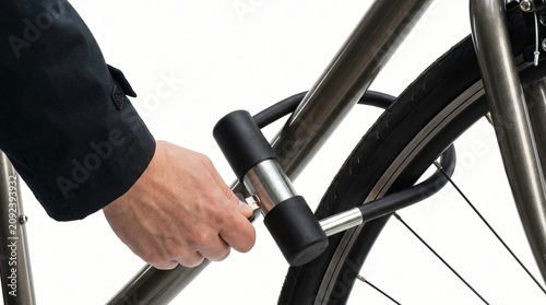 Close-up of a hand securing a black U-lock on a bicycle wheel against a white background