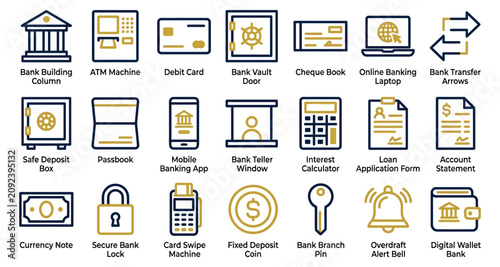 Bank transfer arrows icon set with debit, atm, ledger documents, and online banking symbols for finance concept