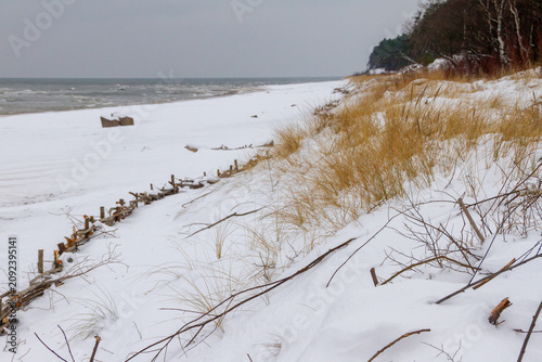 Fotografie Snowy beach and dunes by the winter sea