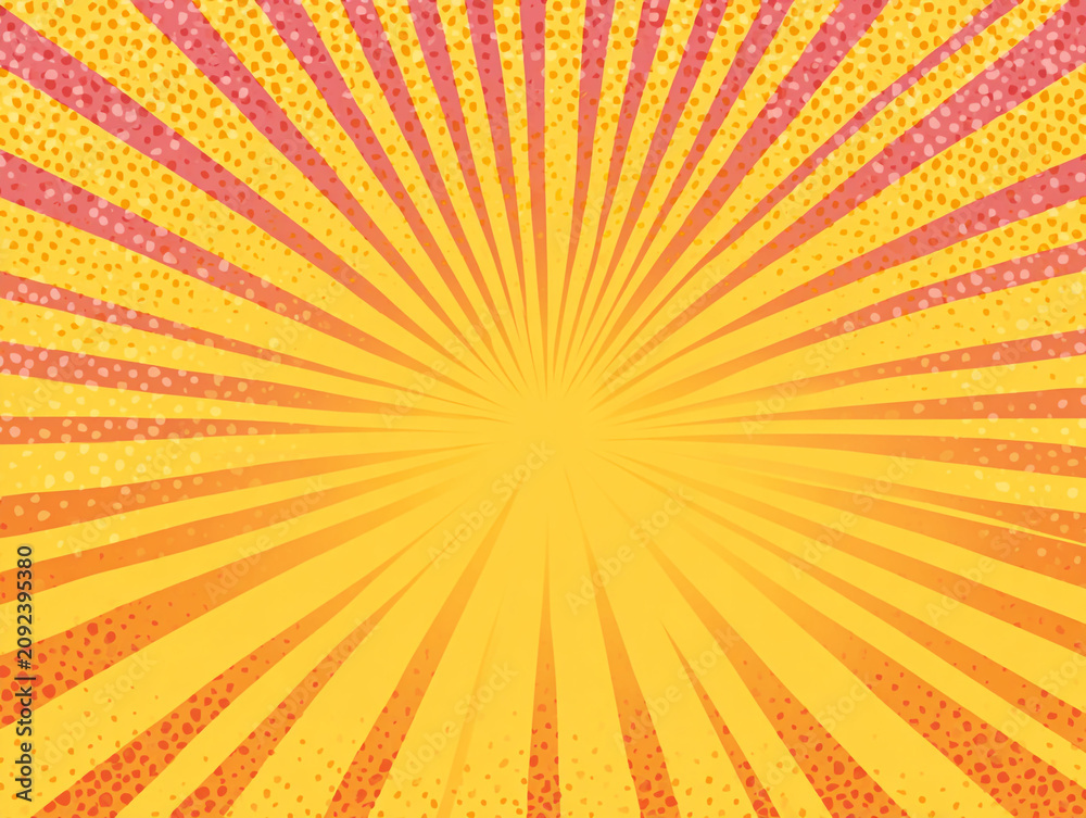 Fototapeta premium Dynamic pop art illustration featuring a symmetrical burst of orange and pink rays with halftone dots. A bright, high-impact flat design perfect for creative backdrops.
