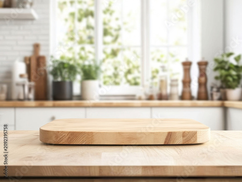 Wooden cutting board on white table in kitchen, closeup. Space for text