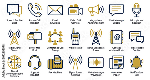 Microphone speaker icon with gold and navy chat and communication symbols for messaging and broadcasting