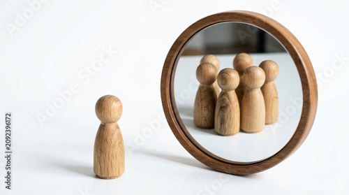 A solitary wooden figure standing before a magnifying glass that reveals a group of similar figures in the reflection, symbolizing isolation and self-reflection