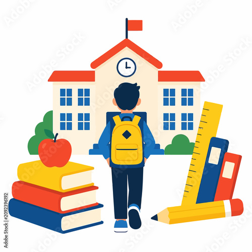 Back to school illustration with student boy walking to school building with books and supplies.