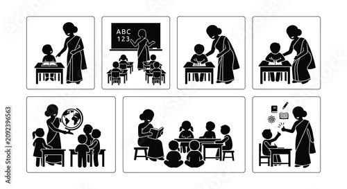 Classroom Scenes With Teacher And Students Black Vector Illustration