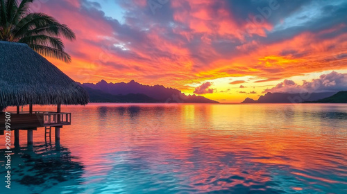 Stunning colorful sunset sky with clouds on the horizon  Ocean. Lagoon Luxury travel
