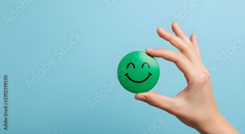 Hand holding a green circular token with a cheerful smiling face icon representing customer satisfaction and positive feedback