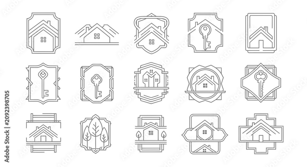 Fototapeta premium Set of minimalist real estate logos in outline style on white background