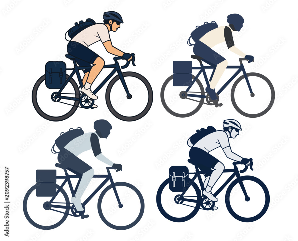 Obraz premium Cyclist riding bicycle vector illustration set, road bike courier, bikepacking cyclist, bicycle delivery rider, cycling commuter collection