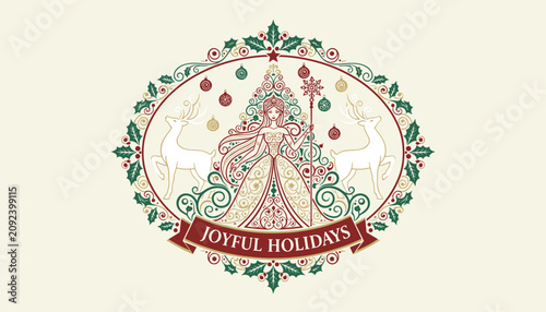 Joyful holidays greeting card design with a magical christmas queen, beautiful white reindeers, and elegant patterns.