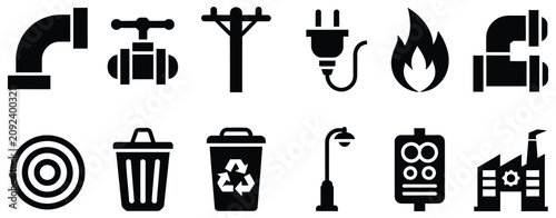 Public utility icon set vector illustration representing municipal infrastructure, water supply, gas service, electricity, sanitation, and civic service designs