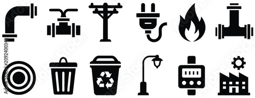 Public utility icon set vector illustration featuring water, gas, electricity, and sanitation symbols in simple flat glyph style designs