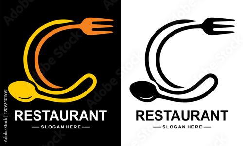 Letter C Culinary Restaurant Logo Design with Cutlery Vector Icon