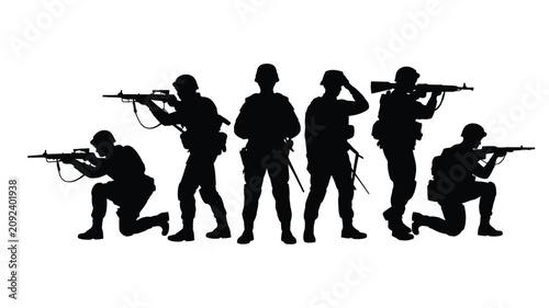 Foto Special forces group black silhouette squad holding guns kneeling and standing i