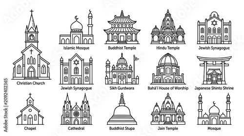 Schilderij op canvas Collection of Religious Buildings Icons: Church, Mosque, Temple, Synagogue, Shri