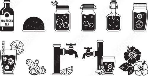 Photos Black and white of kombucha brewing process with S C O B Y and fermentation equi