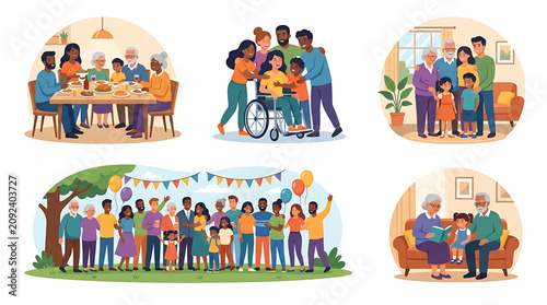 Diverse multi generational family scenes featuring joyful gatherings and celebrations in flat vector style for inclusive community with illustrations