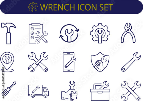 Wrench Outline Icons Collection Linear Editable Stroke Repair Tool Vector Set