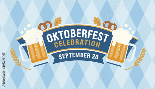 Vibrant Oktoberfest banner design showing clinking glasses of beer on a blue and white diamond pattern background.