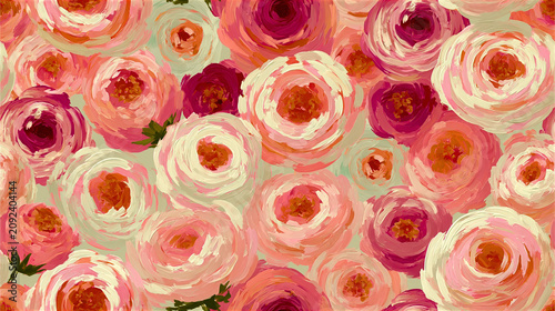 Pink Roses Pattern: A vibrant, painterly pattern of blooming pink roses with deep magenta and soft cream hues, creating a romantic and decorative floral design.
