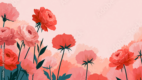 Floral Panorama: A vibrant composition of blooming flowers in various shades of pink and coral, set against a soft, peachy backdrop, evokes a sense of gentle beauty and springtime freshness.