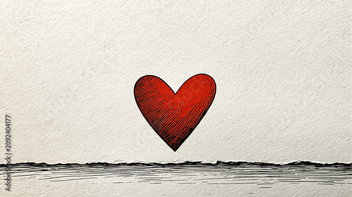 Red Heart Symbol: A hand-drawn red heart floats above a textured surface, representing love, passion, and emotion in a minimalist design.