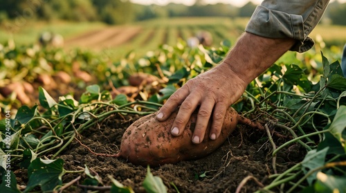 Hand Uncovering Sweet Potato Tuber in Soil