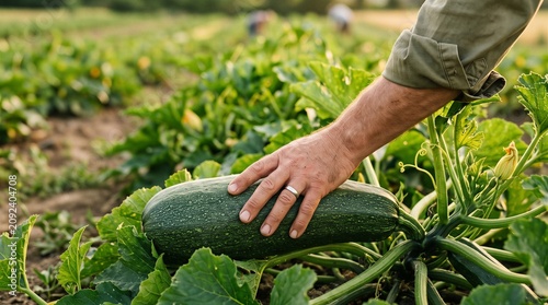 Hand Checking Ripeness of Zucchini on Vine