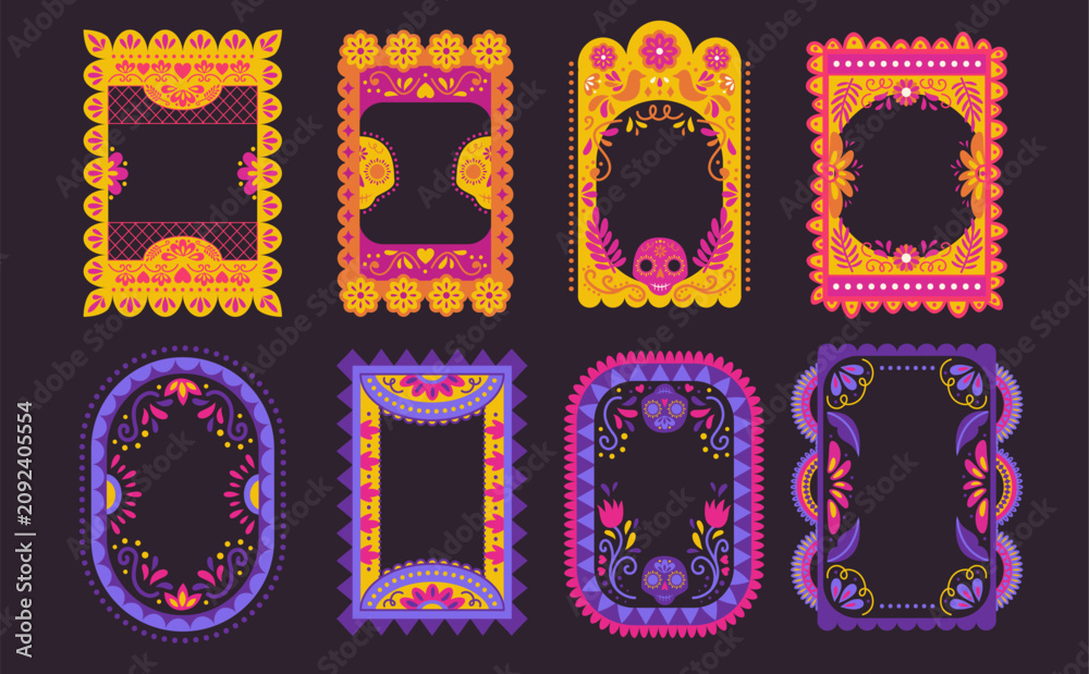 Obraz premium Mexican frame with border pattern for festive background design. Latino vector graphic - hispanic floral textures and folklore elements. Bright poster for carnival invitations and fiesta celebrations.