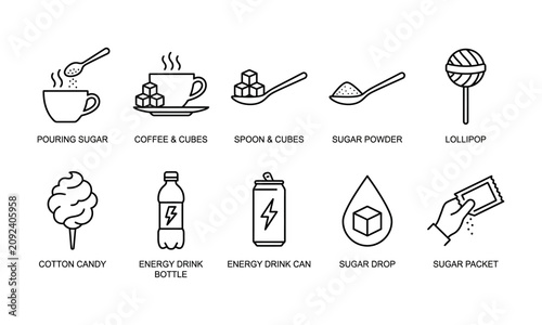 Sweet food products beverage consumption and added sugar line icon set vector. Ideal for cafe menu graphic designs energy drink packaging calorie tracking apps and unhealthy diet infographics.
