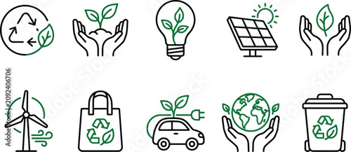 Eco friendly icons set with green and black illustrations on depicting recycling, sustainability, and environmental conservation concepts