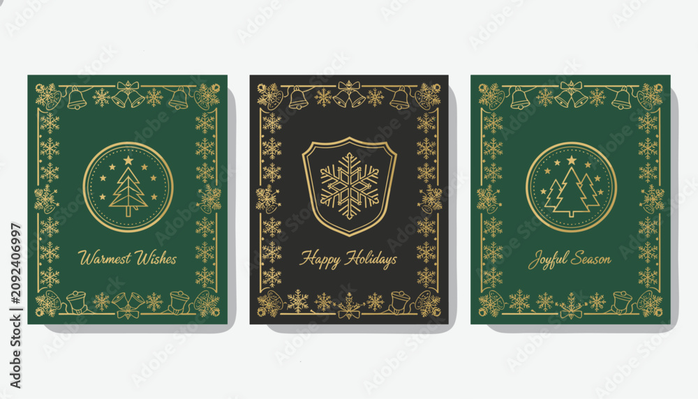 Naklejka premium Three elegant christmas card designs with luxury gold snowflake borders, winter pine trees, and festive wishes.
