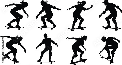 фотографія Eight energetic black silhouette of a skateboarder wearing protective gear, performing diverse stunts and maneuvers on a white background