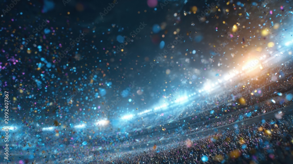 Obraz premium Confetti fills the air as fans celebrate a goal in a vibrant football stadium with bright lights and dynamic energy.