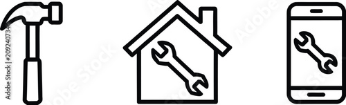 Home repair and smart maintenance line icons set featuring carpenter hammer house renovation wrench and mobile service application vector.