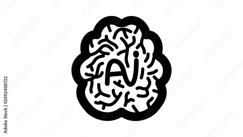 Fototapeta premium Ai brain, black isolated vector silhouette