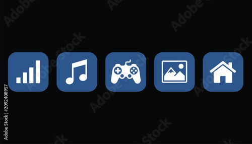 Five white modern multimedia icons including signal strength, music, gaming, photo, and home on blue rounded squares.