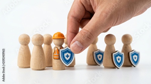 A hand carefully placing a shield emblem on a wooden figurine representing an employee in safety gear among other similar figures to symbolize protection and risk management in a corporate environment