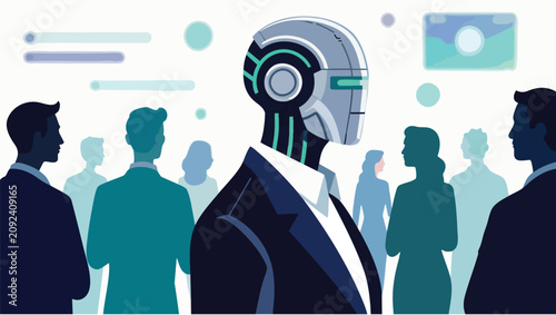 Pixel of a futuristic robot standing among a group of business people in a meeting.