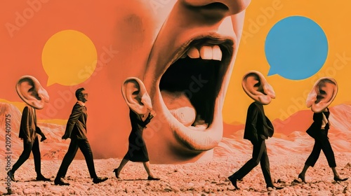 Colorful surreal collage of a giant shouting mouth and businesspeople with ear-shaped heads and speech bubbles, symbolizing teamwork and media. 