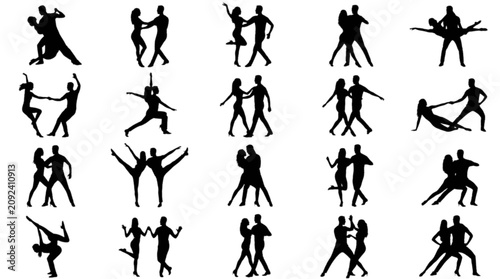 Tableau sur toile Collection of black silhouettes of couples dancing in various styles and poses