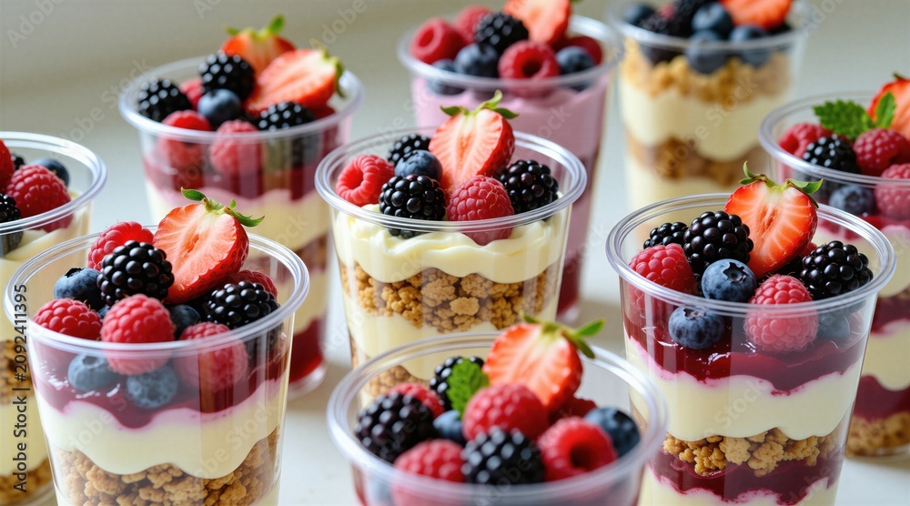 Obraz premium Several clear cups contain layered desserts with cream granola and fresh berries like strawberries raspberries and blackberries. These individual fruit parfaits are ready for serving.