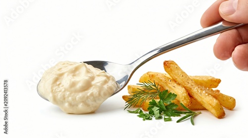 Close-up of a hand holding a spoon with creamy mayonnaise sauce over golden French fries garnished with fresh dill and parsley on a clean white background