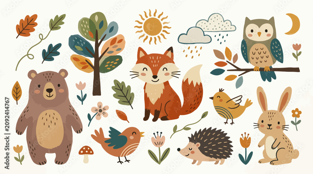Naklejka premium Cute Woodland Animal Clipart Set with Forest Elements.