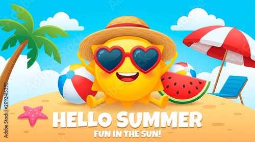 summer, cartoon, beach, sea, illustration, sun, vector, fun, vacation, holiday, travel, water, child, animal, ocean, sky, nature, design, sand, smile, sunglasses, boy, art, tropical, fish