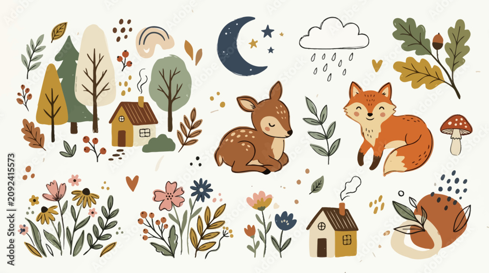 Obraz premium Cute woodland forest animal and nature elements collection.