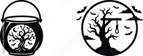 Bild auf Leinwand Halloween magic cauldron and spooky hanging tree silhouettes.