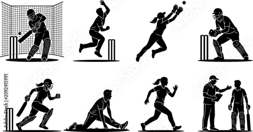 Vászonkép Cricket Player Performance Silhouette Icon Set