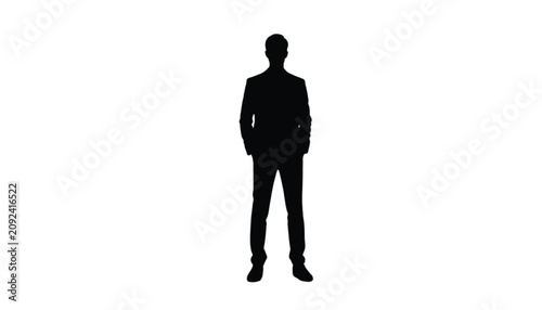 Businessman stands in a formal suit while maintaining a professional posture against a clean white background for corporate identity projects or marketing materials.