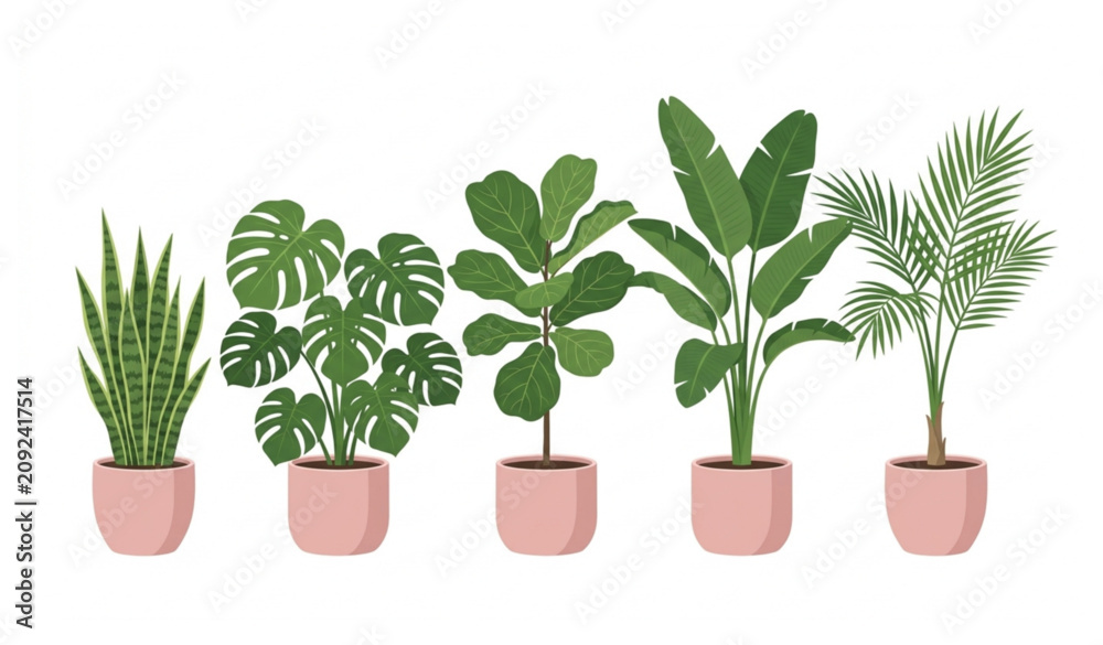 Fototapeta premium Indoor ornamental plants in pink pots modern vector illustration